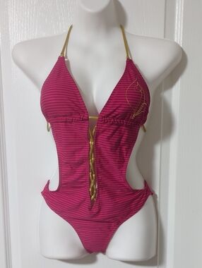 Baby Phat Fuchsia Striped Lace-Up Monokini with Gold Accents